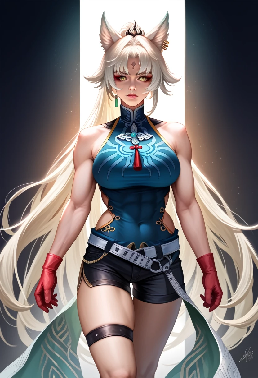 a beautiful anime girl, detailed face, blonde hair, blueSolo,1woman,view from front,  SH_HSR_Feixiao,25 yo extremely muscular woman, flawless perfectly trained body, zero body fat, mighty and hypermuscular professional female bodybuilder, dominant woman, great muscle definition,  FeiDefault, animal ears, long hair, ponytail, multicolored hair, white hair, red eyeliner, ringed eyes, forehead mark, ear piercing, tassel hair ornament, tassel earring, sleeveless shirt, print shirt, brooch, blue shirt, chinese clothes, high collar, bare arms, red gloves, fingerless gloves, white belt, waist cape, black shorts, thigh strap, knee boots eyes, long flowing hair, white background, realistic full body portrait, extremely detailed, high quality, cinematic lighting, photorealistic, hyper detailed, detailed facial features, detailed eyes, oversize t-shirt,shorts, detailed lips, detailed nose, long eyelashes, flawless skin, large breasts, delicate features, elegant pose, dramatic lighting, vibrant colors, intricate details, masterpiece, (best quality,4k,8k,highres,masterpiece:1.2),ultra-detailed,(realistic,photorealistic,photo-realistic:1.37)