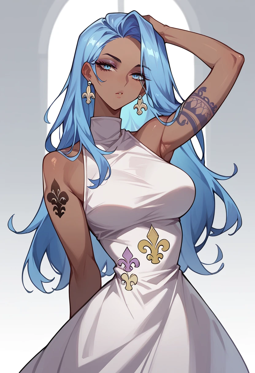 Dark skinned woman, long blue hair,White dress with silver fleur-de-lis print , tattoos, blue eyes,