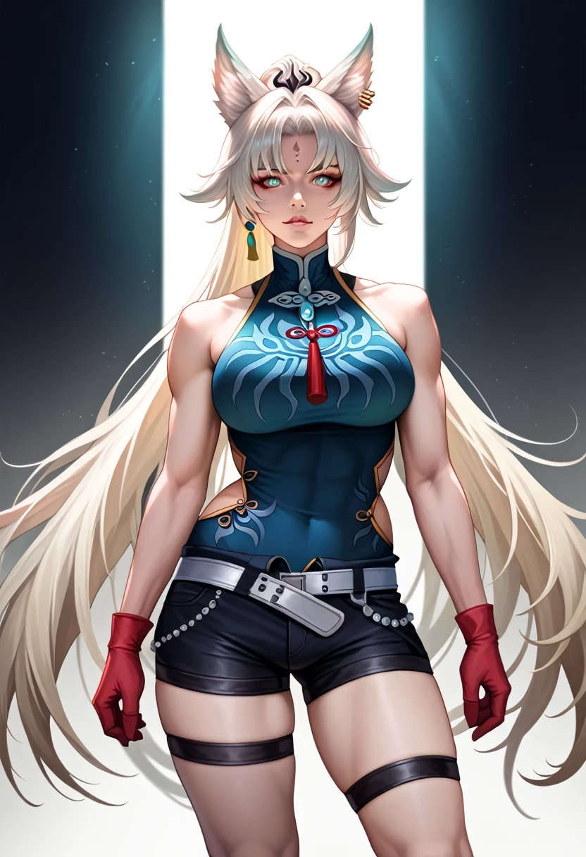 a beautiful anime girl, detailed face, blonde hair, blueSolo,1woman,view from front,  SH_HSR_Feixiao,25 yo extremely muscular woman, flawless perfectly trained body, zero body fat, mighty and hypermuscular professional female bodybuilder, dominant woman, great muscle definition,  FeiDefault, animal ears, long hair, ponytail, multicolored hair, white hair, red eyeliner, ringed eyes, forehead mark, ear piercing, tassel hair ornament, tassel earring, sleeveless shirt, print shirt, brooch, blue shirt, chinese clothes, high collar, bare arms, red gloves, fingerless gloves, white belt, waist cape, black shorts, thigh strap, knee boots eyes, long flowing hair, white background, realistic full body portrait, extremely detailed, high quality, cinematic lighting, photorealistic, hyper detailed, detailed facial features, detailed eyes, oversize t-shirt,shorts, detailed lips, detailed nose, long eyelashes, flawless skin, large breasts, delicate features, elegant pose, dramatic lighting, vibrant colors, intricate details, masterpiece, (best quality,4k,8k,highres,masterpiece:1.2),ultra-detailed,(realistic,photorealistic,photo-realistic:1.37)