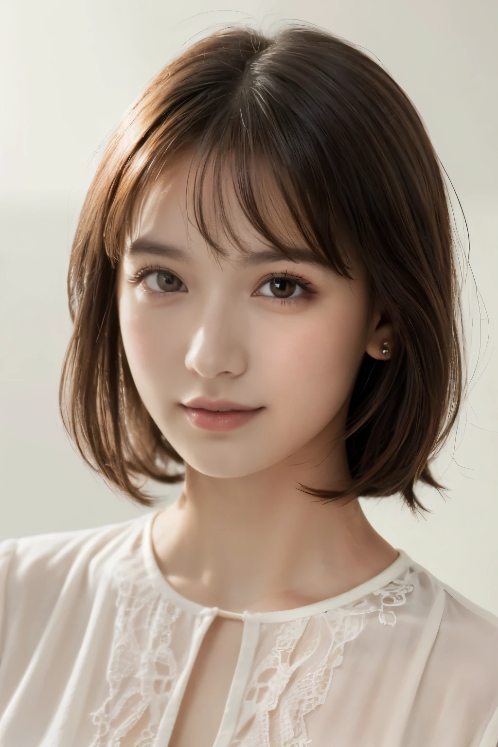 One Girl, (White blouse:1.2), (Beautiful Japanese idol portrait photos),
(Simple background in light colors:1.3),
(RAW Photos, Highest quality), (Realistic, photo-Realistic:1.4), masterpiece, 8K Portrait,
Very delicate and beautiful, Very detailed, 2k wallpaper, wonderful, In detail, Very detailed CG unity 8k wallpaper, 
Very detailed, High resolution, 
Soft Light, Beautiful detailed girl, Very detailed eyes and face, Beautiful and sophisticated nose, Beautiful attention to detail,
Cinema Lighting, Perfect Anatomy, 
Slender body, Small breasts, Medium Hair, Bokeh, Dynamic Angle, (Elegant and sophisticated atmosphere), (smile:0.8)