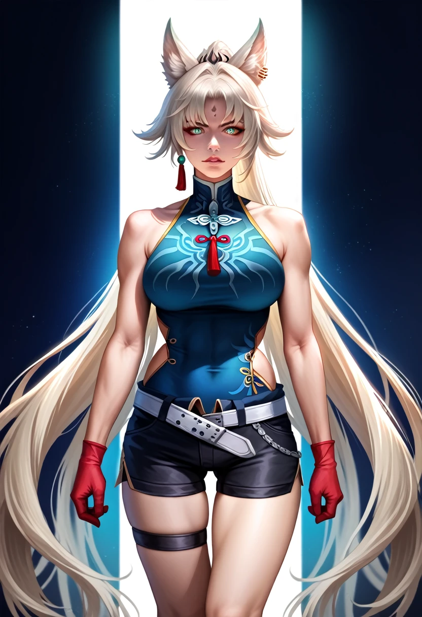 a beautiful anime girl, detailed face, blonde hair, blueSolo,1woman,view from front,  SH_HSR_Feixiao,25 yo extremely muscular woman, flawless perfectly trained body, zero body fat, mighty and hypermuscular professional female bodybuilder, dominant woman, great muscle definition,  FeiDefault, animal ears, long hair, ponytail, multicolored hair, white hair, red eyeliner, ringed eyes, forehead mark, ear piercing, tassel hair ornament, tassel earring, sleeveless shirt, print shirt, brooch, blue shirt, chinese clothes, high collar, bare arms, red gloves, fingerless gloves, white belt, waist cape, black shorts, thigh strap, knee boots eyes, long flowing hair, white background, realistic full body portrait, extremely detailed, high quality, cinematic lighting, photorealistic, hyper detailed, detailed facial features, detailed eyes, oversize t-shirt,shorts, detailed lips, detailed nose, long eyelashes, flawless skin, large breasts, delicate features, elegant pose, dramatic lighting, vibrant colors, intricate details, masterpiece, (best quality,4k,8k,highres,masterpiece:1.2),ultra-detailed,(realistic,photorealistic,photo-realistic:1.37)