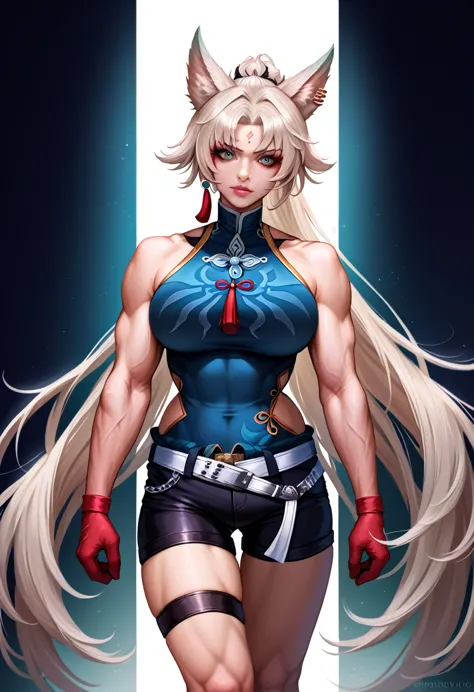 a beautiful anime girl, detailed face, blonde hair, bluesolo,1woman,view from front,  sh_hsr_feixiao,25 yo extremely muscular wo...