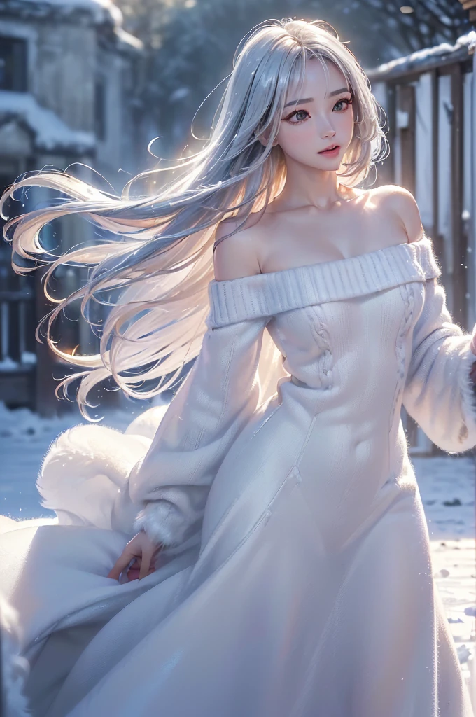 ((masterpiece:1.5、8k、Portraiture、Photorealistic and very detailed CG、Very detailed、Particle Effects、Dynamic Effects、Shallow depth of field、Cinematic Light、Lens flare、Ray Tracing、Tabletop、Realistic:1.4、Ultra-high resolution:1.2、Realistic、Realistic))((1girl, off shoulder knit sweater and fur coat, Elegant woman posing、Detailed face、brightexpression、young, bright, Whiter skin、Ample breasts、Best Looks、Ultimate beauty、Shiny silver hair with highlights、bright and shiny hair,、Super long, Silky straight hair、Hair dancing in the wind))(morning、The setting is outdoors in the snow、Surrounded by illuminations)
