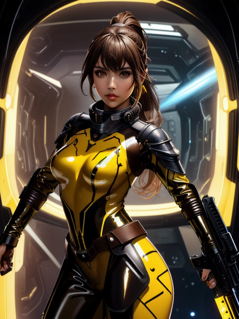 high quality, extremely detailed, perfect face, sharp features, full lips, Quna, extremely long ponytail, brown hair, (brown eyes), (((brown skin))), dark skin, ((yellow latex zelsius bodysuit)), black armor, ((extremely glossy)), cyberwear, earpiece, holding weapons, ((sci-fi pistols)), ((bayonets)), surreal space background, starship interior, window
