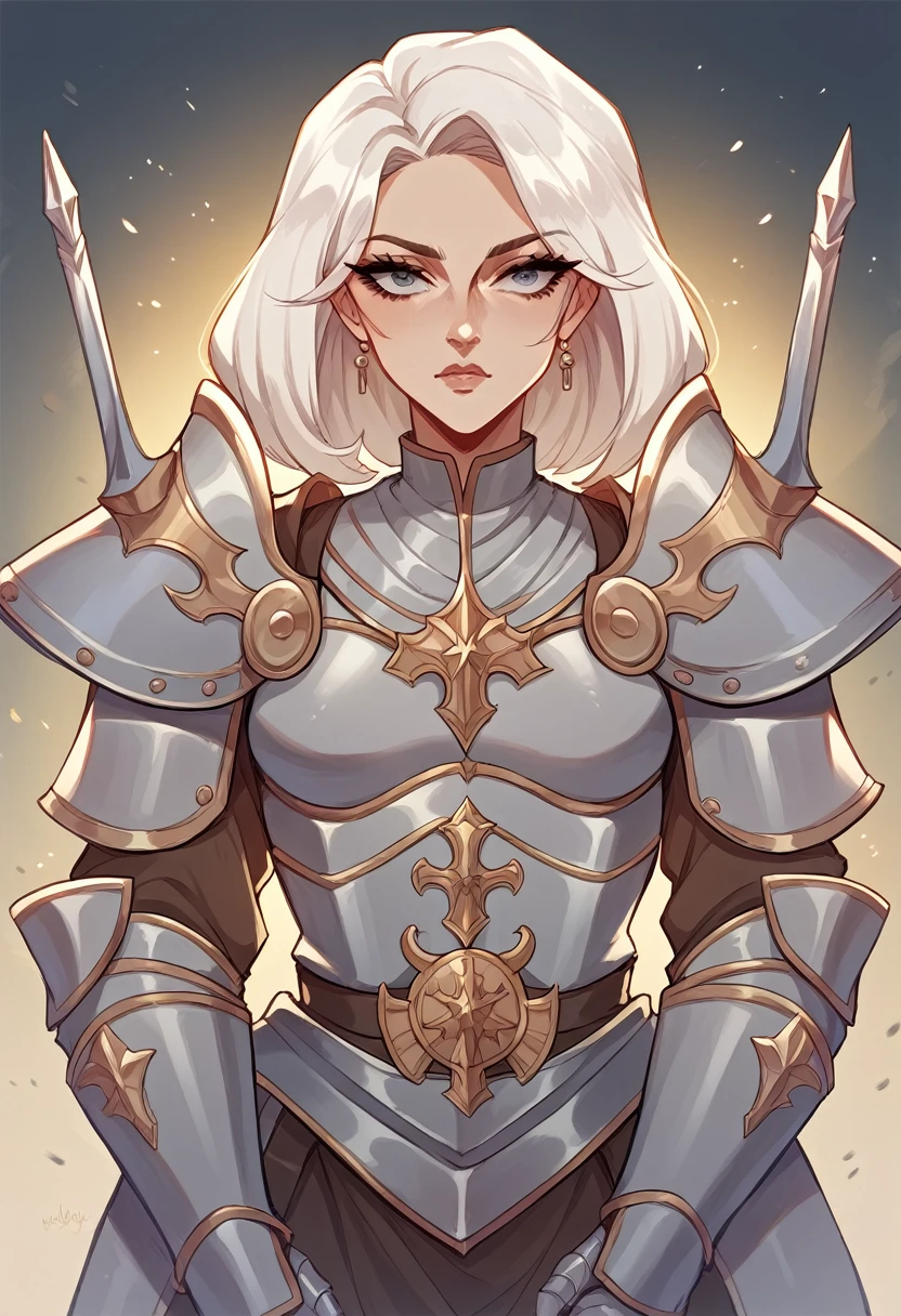 NSFW, a female crusader, white haired female, beautiful young face, amoured woman, MILF, gaudy armour, armour, inquistor, medium breasts, young, youthful, saint, sister of battle, 