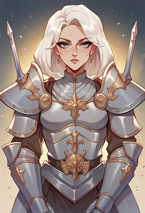 nsfw, a female crusader, white haired female, beautiful young face, amoured woman, milf, gaudy armour, armour, inquistor, medium...