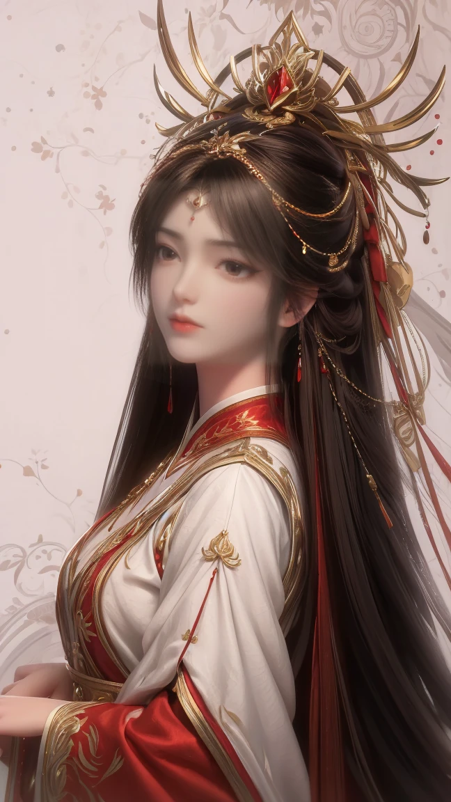 a medium-sized painting of a Asian woman with long, wavy black hair is adorned with a red bow in her hair. Her eyes are closed, and her lips are pursed. She is dressed in a flowing dress, adorned with gold dots and a pattern of small stars. The woman's hair is cascading down her back, framing her face. The background is a vibrant orange, adding a pop of color to the scene. The painting is set against a dark backdrop, creating a striking contrast with the vibrant colors.