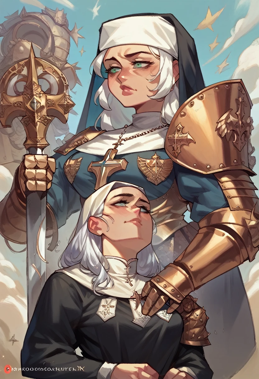 NSFW, a female crusader, white haired female, beautiful young face, amoured woman, MILF, gaudy armour, armour, inquistor, medium breasts, young, youthful, saint, sister of battle, nun,