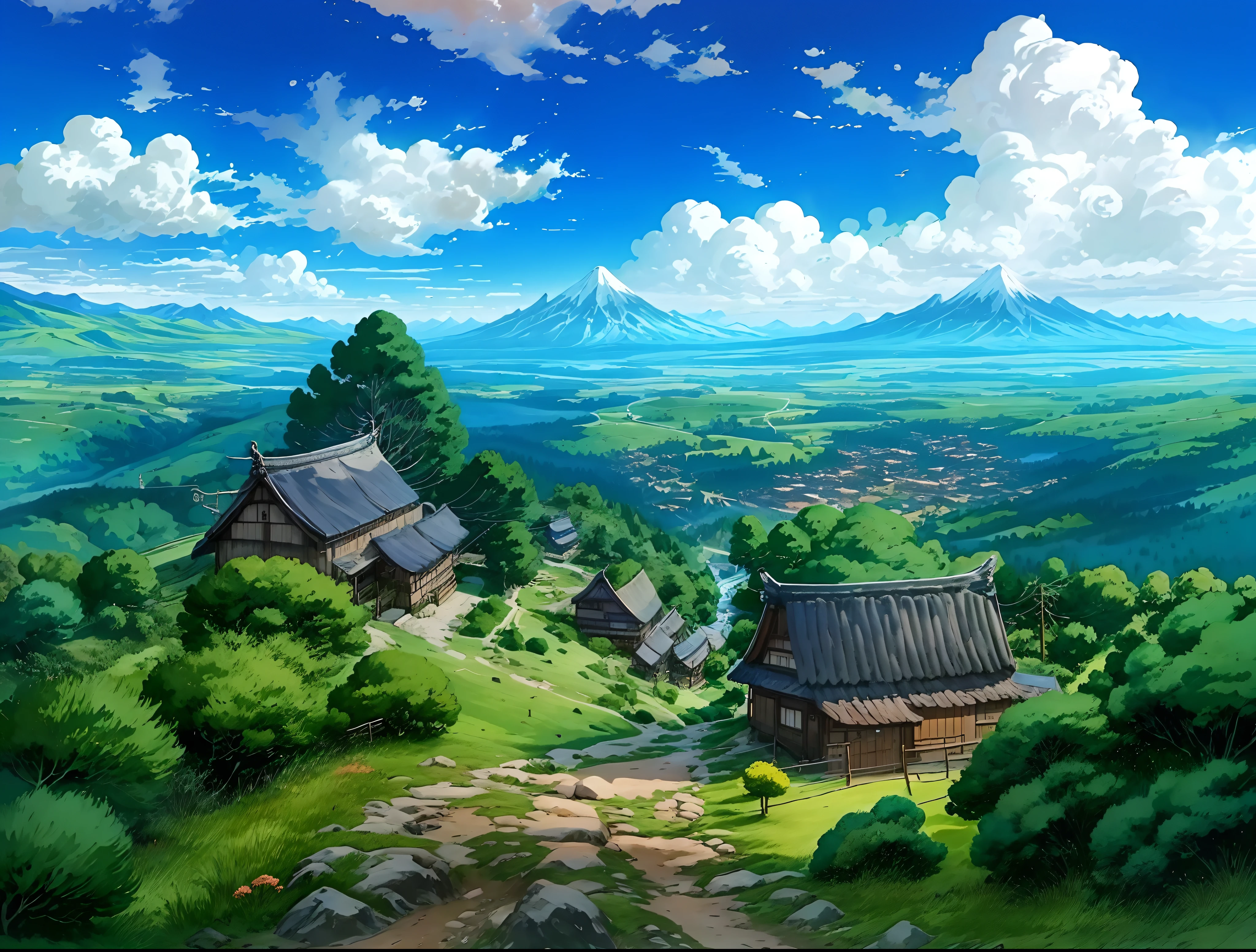 animated landscape of a village with a mountain in the background, anime countryside landscape, beautiful animated landscape, animated landscape, animated landscape, animated landscape wallpaper, animated background art, detailed landscape: width 672, anime beautiful peace scene, beautiful anime scene, animated landscape concept art, studio ghibli landscape, landscape artwork, heroine japan vivid scenery, Studio Ghibli Environment, distant town background