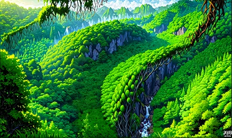 there is a very green picture、very beautiful landscape painting, detailed forest, random forest landscape, detailed forest backg...