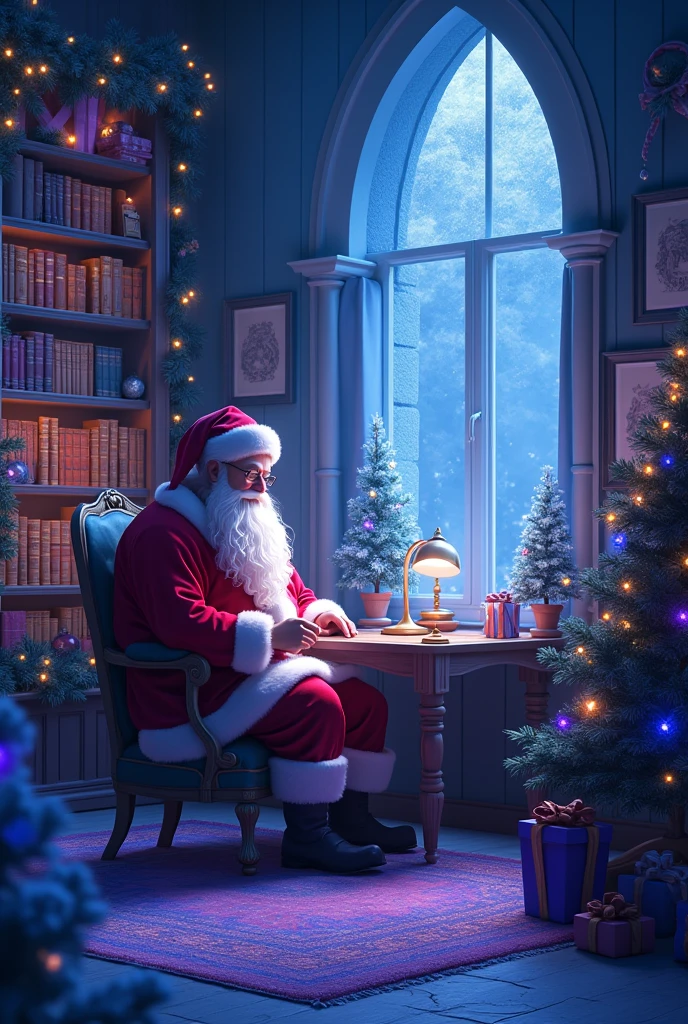 A setting in shades of royal blue with lots of twinkling lights, with a bookshelf, and purple details and Christmas things where Santa&#39;s office will be