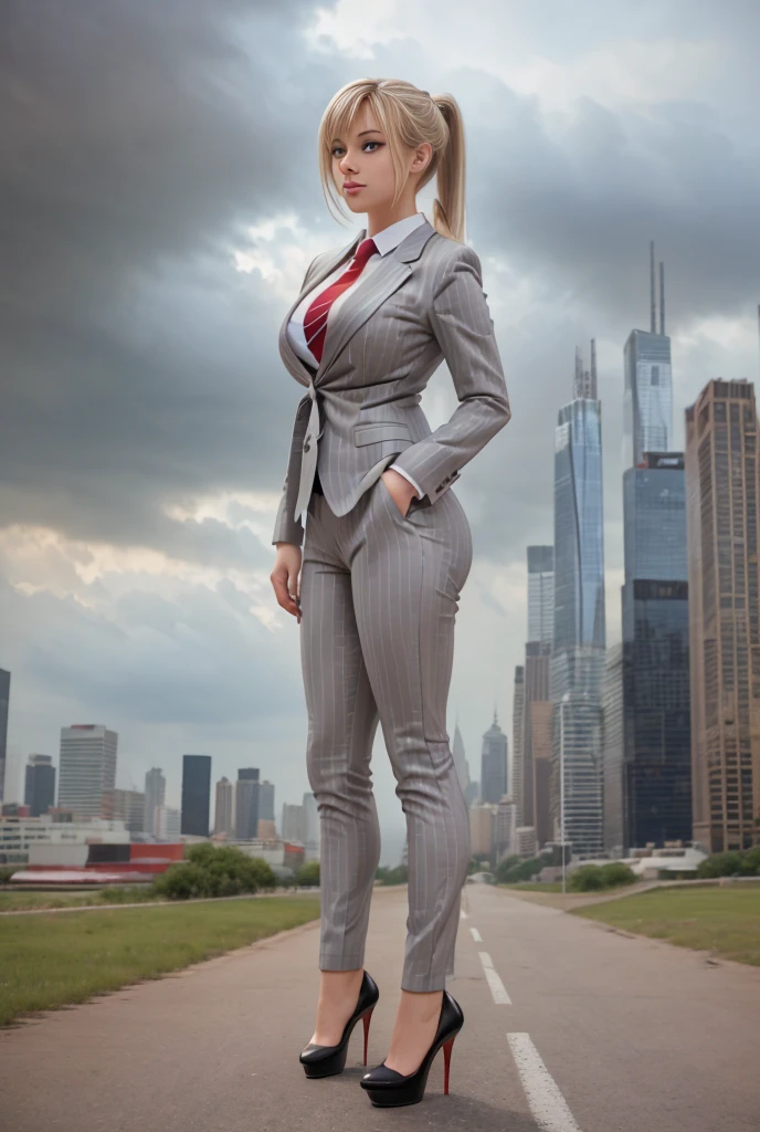 Young adult women beautiful curves a massive thighs blonde hair in a ponytail lipstick wearing a perfect perfect tailored grey pinstriped trouser suit and blazer, crisp white shirt and large broad red windsor knot tie,colossal breasts. Platform high heels , standing, giantess art, tie clip, highly detailed giantess shots, giantess, most detailed, perfect face, Two legs, Five fingers, short hair, A girl who is bigger than a skyscraper, standing on very small city new york, skyscarpers at their feet, skyscrapers small, smile, huge breasts, major metropolis, numerous cities, , A very small big city, Miniature metropolis, Full body description, GTS, giga giantess, gigagts, stomping city, crash city, tiny city, micro city, , High resolution, highest quality, masterpiece,  tiny destroyed skyscrapers city, illustration, skyscrapers size of small toys standing behind and very far away from city, (masterpiece, best quality, best shadows, best shading, perfect hands, perfect face, cinematic lighting, colorful, ultra-detailed, beautiful photography, character focus, extremely-detailed, photorealistic, hyper photorealism, atmospheric), ), (giantess, stereotypical office boss), (dirty, filthy, unwashed, sweaty, unkempt, happy, tired, exhausted, annoyed), ((walking, mid stride:1.2, stepping down on:1.2, stomping, crush, rampage)), (black patent Louboutin rounded toe pumps, high heels, platform heels), ((,)), ((long ponytail hair with front bangs)), (high altitude photography, satellite view), (curvy, , heaving bosom, legs), (mega city, urban sprawl, and small towns, buildings, roads), (((cloudy, overcast, clouds and atmosphere partly obscuring the subject:1.2, hazy atmosphere, haze in foreground, wispy clouds))) footprints warzone 