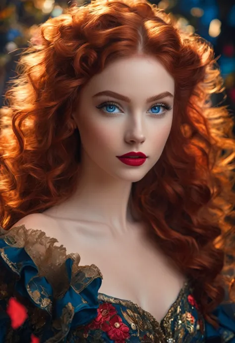 "a young woman in her 20s with a captivating gaze. her crystal blue eyes are framed by long, well-shaped eyebrows. a vibrant red...