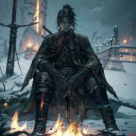 1man, only, elden ring, meditating with a torch, sitting by the fire, transmitted by blood, dark souls, (((sekiro shadows die tw...