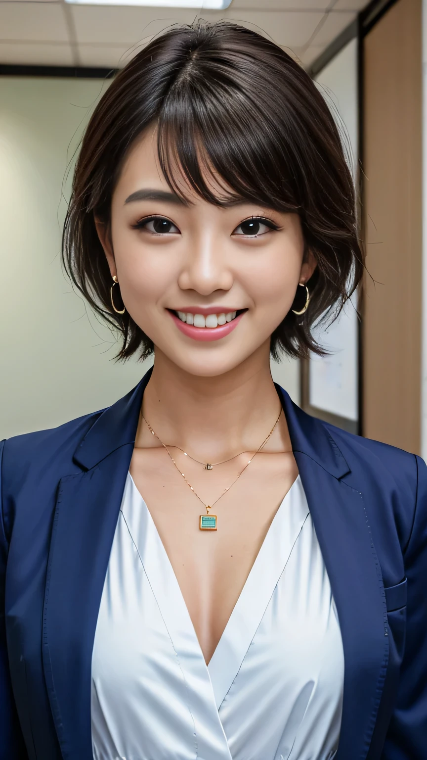 RAW Photos, High resolution, Very detailed, Intricate details, A neat and clean Japanese woman、ear piercing、、short hair、Office Lady Suits 、Jacket、shirt、smile、Beautiful teeth alignment、Necklace around the neck、, The background is the office
