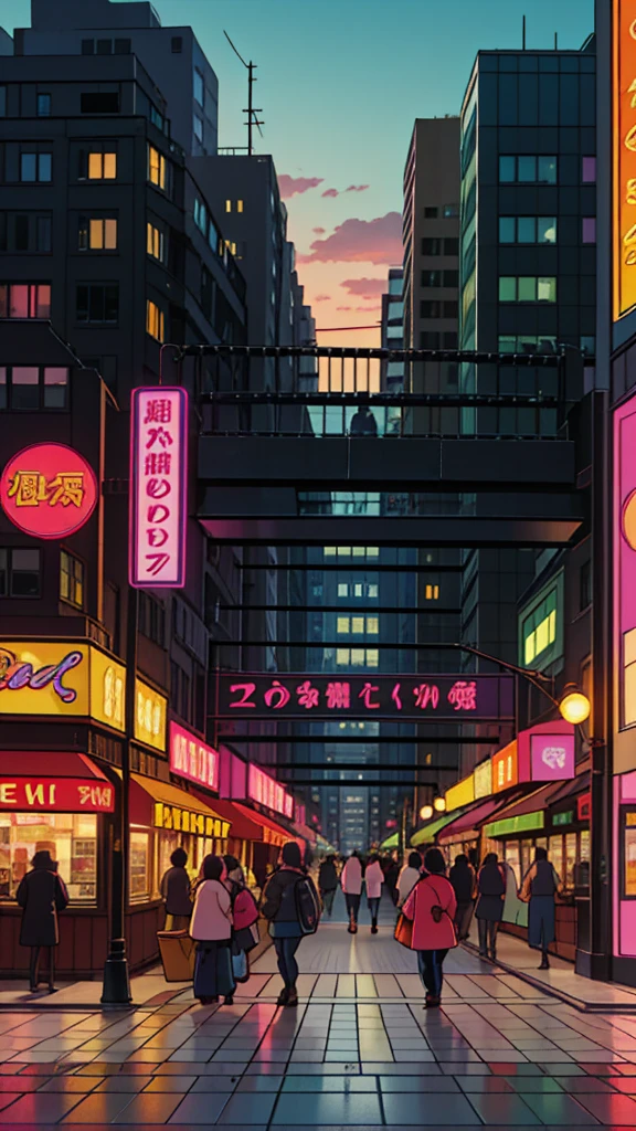 Create a detailed anime-style image depicting a vibrant urban landscape. The scene should feature a bustling city street with a mix of modern and traditional architecture. Include high-rise buildings, bustling sidewalks with people, neon signs, and street vendors. The city should have a dynamic atmosphere, with bright and colorful lights reflecting off glass facades. Incorporate elements such as street lamps, crosswalks, and public transport like buses or trams. The sky should show a sunset or twilight with warm hues blending into the city lights. Use a clean and vivid color palette to capture the energetic and lively spirit of an urban environment