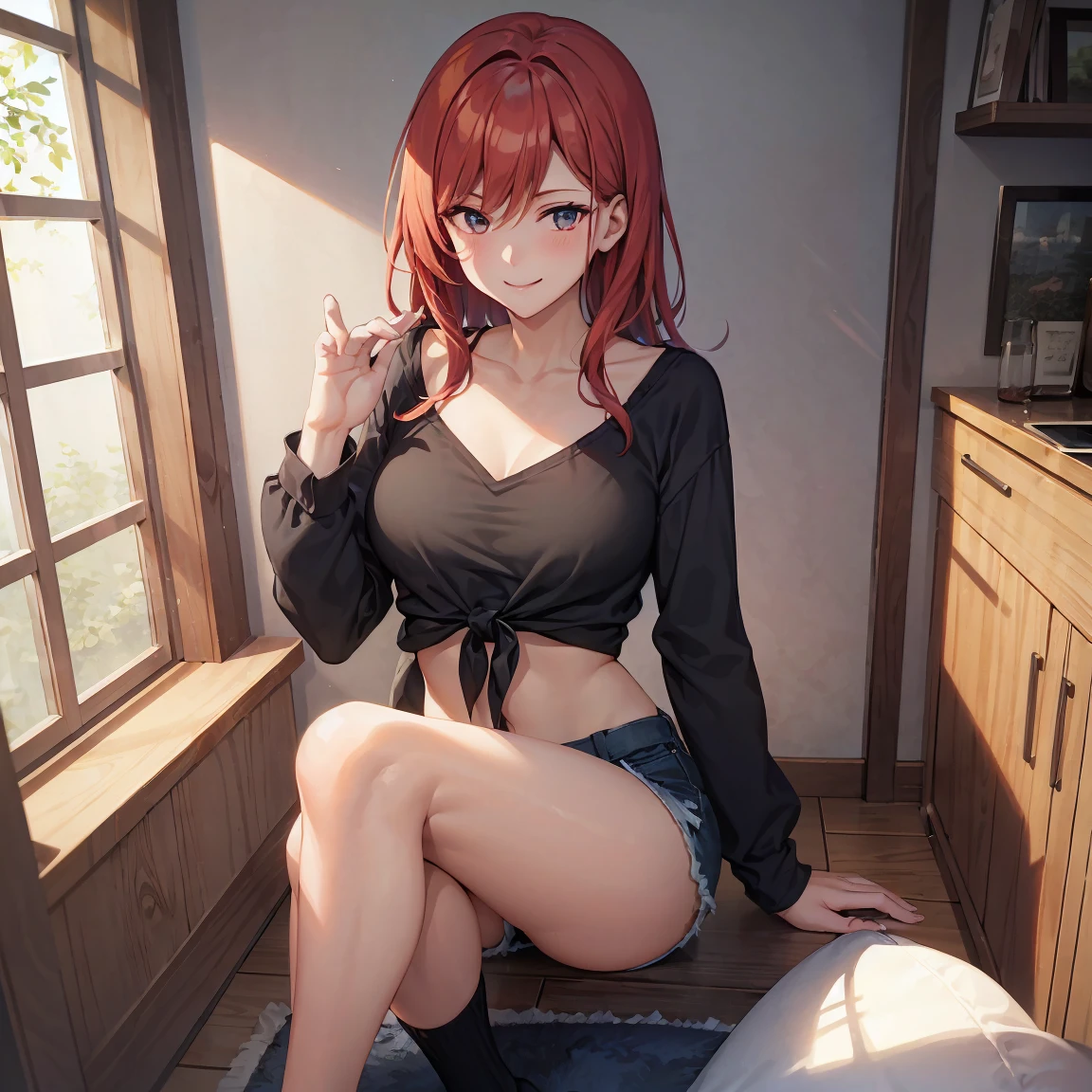 a girl,smallbreast,big thighs,very red hair,clothing style in style ,Tied-up shirt style, color black,and wearing short shorts ,and also with a very bold personality, at home smiling , lazy sock ,looking ahead at viewer.