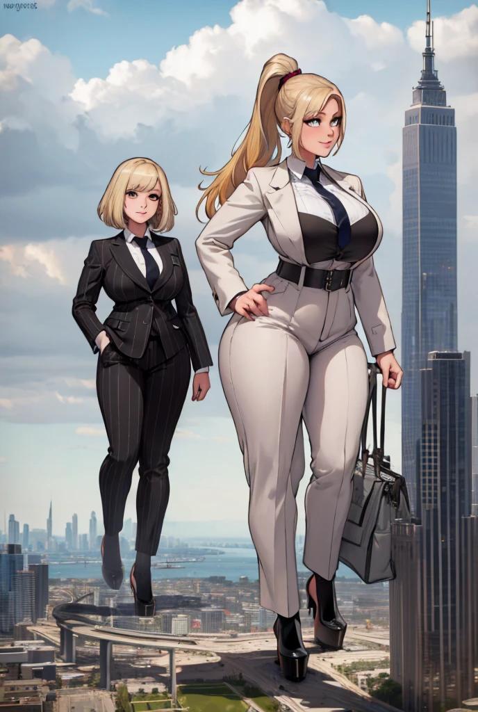 Young adult women beautiful curves a massive thighs blonde hair in a ponytail lipstick wearing a perfect perfect tailored grey pinstriped trouser suit and blazer, crisp white shirt and large broad red windsor knot tie,colossal breasts. Platform high heels , standing, giantess art, tie clip, highly detailed giantess shots, giantess, most detailed, perfect face, Two legs, Five fingers, short hair, A girl who is bigger than a skyscraper, standing on very small city new york, skyscarpers at their feet, skyscrapers small, smile, huge breasts, major metropolis, numerous cities, , A very small big city, Miniature metropolis, Full body description, GTS, giga giantess, gigagts, stomping city, crash city, tiny city, micro city, , High resolution, highest quality, masterpiece,  tiny destroyed skyscrapers city, illustration, skyscrapers size of small toys standing behind and very far away from city, (masterpiece, best quality, best shadows, best shading, perfect hands, perfect face, cinematic lighting, colorful, ultra-detailed, beautiful photography, character focus, extremely-detailed, photorealistic, hyper photorealism, atmospheric), ), (giantess, stereotypical office boss), (dirty, filthy, unwashed, sweaty, unkempt, happy, tired, exhausted, annoyed), ((walking, mid stride:1.2, stepping down on:1.2, stomping, crush, rampage)), (black patent Louboutin rounded toe pumps, high heels, platform heels), ((,)), ((long ponytail hair with front bangs)), (high altitude photography, satellite view), (curvy, , heaving bosom, legs), (mega city, urban sprawl, and small towns, buildings, roads), (((cloudy, overcast, clouds and atmosphere partly obscuring the subject:1.2, hazy atmosphere, haze in foreground, wispy clouds))) footprints warzone 