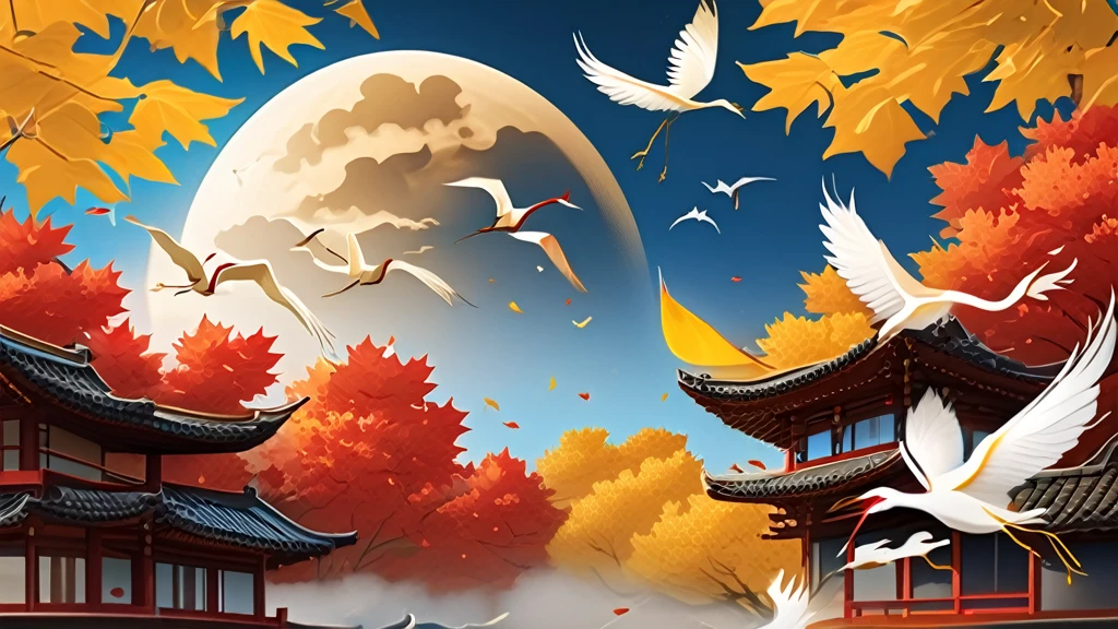 Image of the 2024 South Korea Chuseok delivery delay notification card, Overall orange tone color, Autumn weather. Red maple leaves and yellow ginkgo leaves, A round full moon and white cranes flying across the sky, Blue Dragon