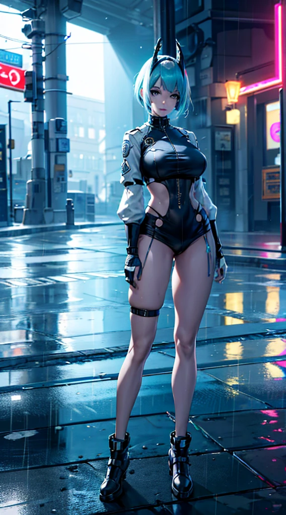 anime women, white and black outfit with aqua blue details, light blue hair, (golden dragon eyes) standing in a rain soaked, city street at night, photorealistic, cinematic lighting (best quality:1.2),ultradetailed,(photorealistic:1.37), neon lights, vivid colors,bokeh,[realistic], face with smirk on mouth, piercing, ABS, (looking up at the camera), ((face piercing)), gaze, 4k, particles, combat uniform, white clothing, badge, Biopunk, waist holder, full Body 
