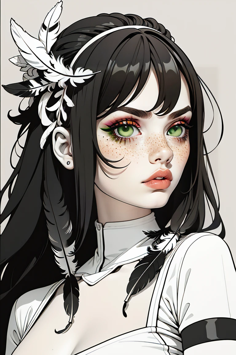 partial coloring, Line style, (masterpiece, best quality:1.2), (Simple background:1.5), 1 Girl, (Black and white feathers, Symmetrical composition:1.25)
