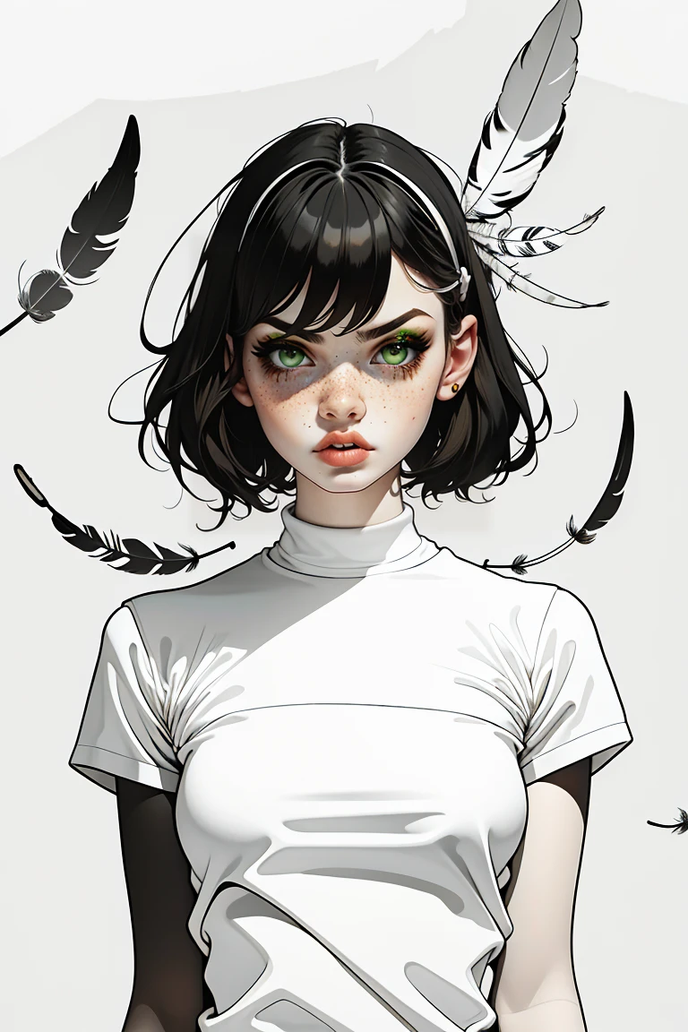 partial coloring, Line style, (masterpiece, best quality:1.2), (Simple background:1.5), 1 Girl, (Black and white feathers, Symmetrical composition:1.25)
