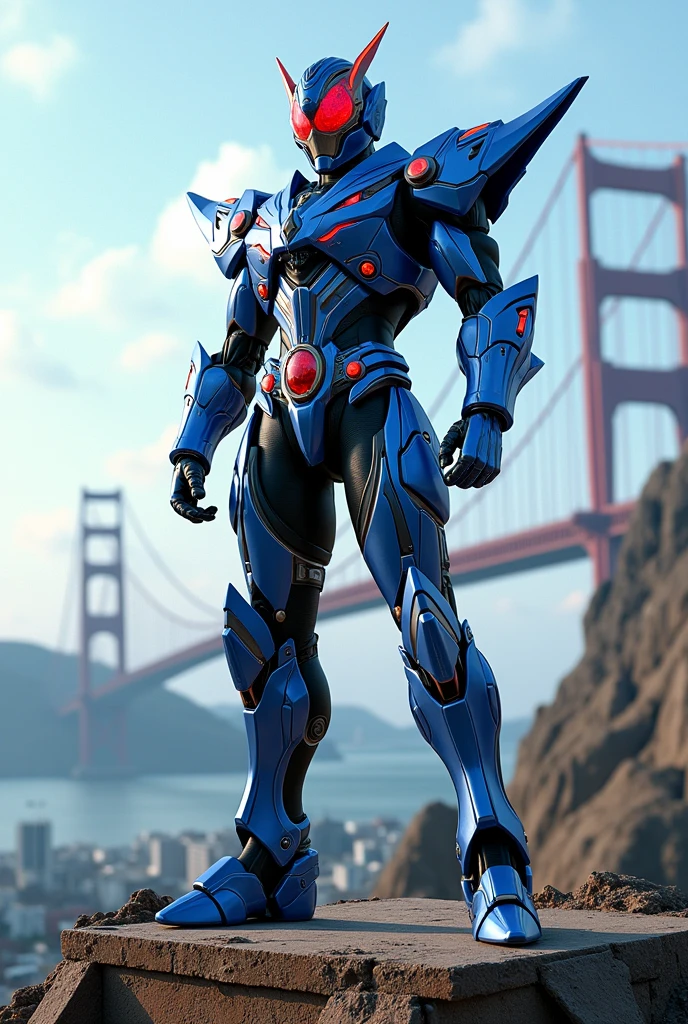 Kamen riderブレイド, rider, Full Body Shot, Very detailed, 8k, Actual Photos, Impressive lighting, Dynamic action poses, sci fi setting, Great energy effect, Blue and silver color palette, Intricate costume design, Advanced Technology, Heroic and powerful, Rainbow Bridge in the background、Standing on top of an abandoned building。