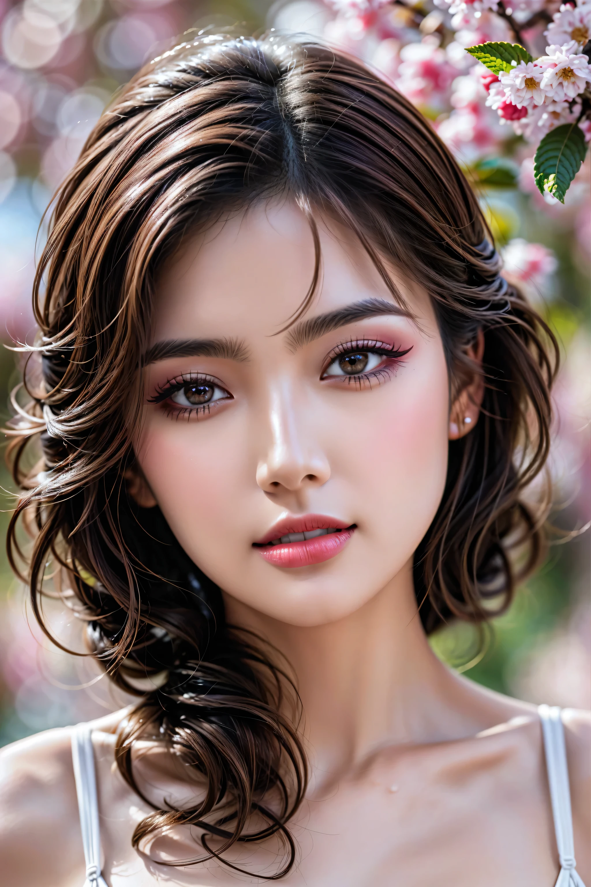 Realistic (photorealistic Realism), (high resolution), ((intricately detailed digital art)), (ultra realistic texture details: velvety skin, hair), ((ultra quality)), (UHD:1.3), professional photography, (glamour shot of Japanese woman:1.3), (intricately detailed realistic brown_eyes:1.2), (perfect proportions),((anatomically correct)),((perfect female body)),((firm and full normal breasts:1.2)),beautiful cheekbones,(Super beautiful),perfect round eyes,finely detailed pupils,BREAK,detailed lips:1.3,makeup:1.3,red_lipstick:1.2, Thin eyebrows, Carefully draw eyelashes, Eyelash extensions, Gal Makeup, realistic dull skin noise, visible skin detail, skin fuzz, dry skin, (blush:0.5), (Goosebumps:0.3), Voluminous updo, (vivid and colorfu)l, The attention to detail, satisfaction smile,  best high quality soft lighting, sharp focus captured by Fujifilm XT3, f 5.6, in a dramatic lighting, (perfect composition), ((outside,an orchard of blooming cherry trees:1.1)),(random u%u top:1.35), exquisite balance of shadows,perfect composition, ((upper body shot:1.3)),look at the viewer, 