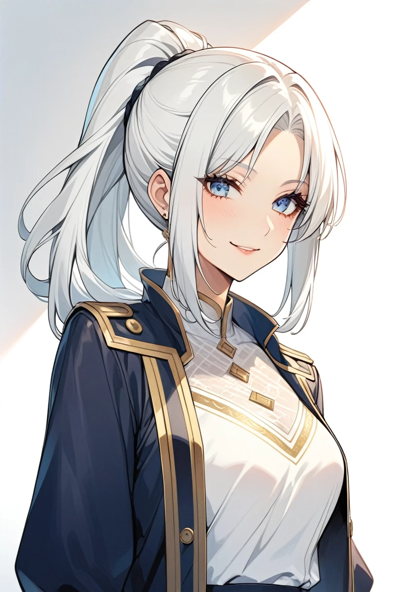 1 Beautiful woman, long white hair, long ponytail hair, 、Wearing a white under blouse, dark navy blue coat with gold trim、cool smile, blue eyes, 30 years old