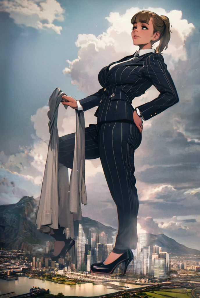 A growing Young adult women beautiful curves a massive thighs blonde hair in a ponytail lipstick wearing a perfect perfect tailored grey pinstriped trouser suit and blazer, crisp white shirt and large broad crimson windsor knot tie,colossal breasts. Platform high heels , standing, giantess art, tie clip, highly detailed giantess shots, giantess, most detailed, perfect face, Two legs, Five fingers, short hair, A girl who is bigger than a skyscraper, standing on very small city new york, skyscarpers at their feet, skyscrapers small, smile, huge breasts, major metropolis, numerous cities, , A very small big city, Miniature metropolis, Full body description, GTS, giga giantess, gigagts, stomping city, crash city, tiny city, micro city, , High resolution, highest quality, masterpiece,  tiny destroyed skyscrapers city, illustration, skyscrapers size of small toys standing behind and very far away from city, (masterpiece, best quality, best shadows, best shading, perfect hands, perfect face, cinematic lighting, colorful, ultra-detailed, beautiful photography, character focus, extremely-detailed, photorealistic, hyper photorealism, atmospheric), ), (giantess, stereotypical office boss), (dirty, filthy, unwashed, sweaty, unkempt, happy, tired, exhausted, annoyed), ((walking, mid stride:1.2, stepping down on:1.2, stomping, crush, rampage)), (black patent Louboutin rounded toe pumps, high heels, platform heels), ((,)), ((long ponytail hair with front bangs)), (high altitude photography, satellite view), (curvy, , heaving bosom, legs), (mega city, urban sprawl, and small towns, buildings, roads), (((cloudy, overcast, clouds and atmosphere partly obscuring the subject:1.2, hazy atmosphere, haze in foreground, wispy clouds))) footprints warzone 