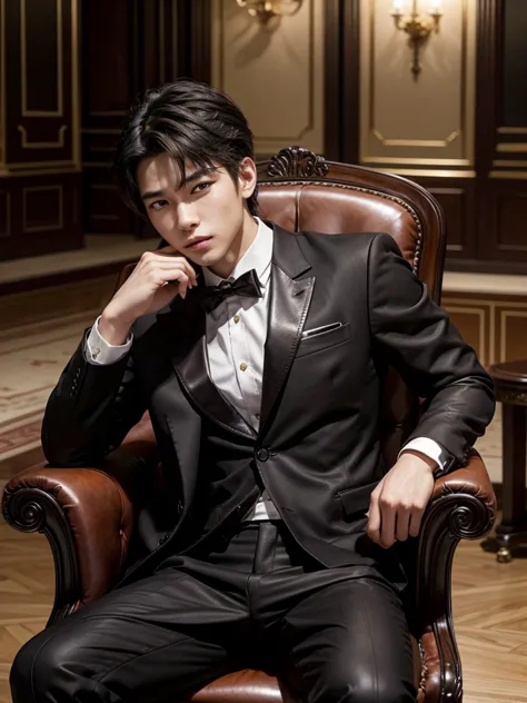 1 young man, asian, sitting on a leather chair in a large room, it is in the center of the room, maximum quality, beautiful man,...