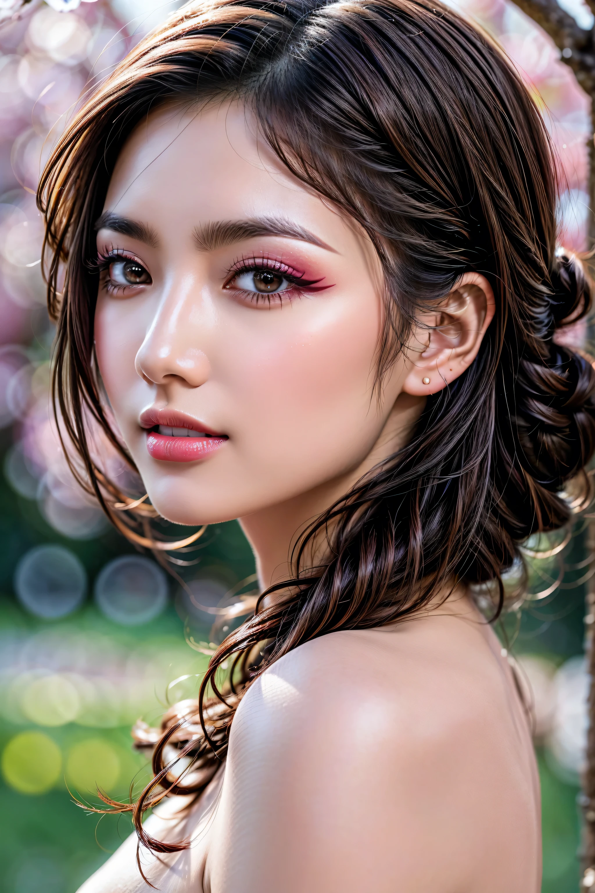 Realistic (photorealistic Realism), (high resolution), ((intricately detailed digital art)), (ultra realistic texture details: velvety skin, hair), ((ultra quality)), (UHD:1.3), professional photography, (glamour shot of Japanese woman:1.3), (intricately detailed realistic brown_eyes:1.2), (perfect proportions),((anatomically correct)),((perfect female body)),((firm and full normal breasts:1.2)),beautiful cheekbones,(Super beautiful),perfect round eyes,finely detailed pupils,BREAK,detailed lips:1.3,makeup:1.3,red_lipstick:1.2, Thin eyebrows, Carefully draw eyelashes, Eyelash extensions, Gal Makeup, realistic dull skin noise, visible skin detail, skin fuzz, dry skin, (blush:0.5), (Goosebumps:0.3), Voluminous updo, (vivid and colorfu)l, The attention to detail, satisfaction smile,  best high quality soft lighting, sharp focus captured by Fujifilm XT3, f 5.6, in a dramatic lighting, (perfect composition), ((outside,an orchard of blooming cherry trees:1.1)),(random u%u top:1.35), exquisite balance of shadows,perfect composition, ((upper body shot:1.3)),look at the viewer, 