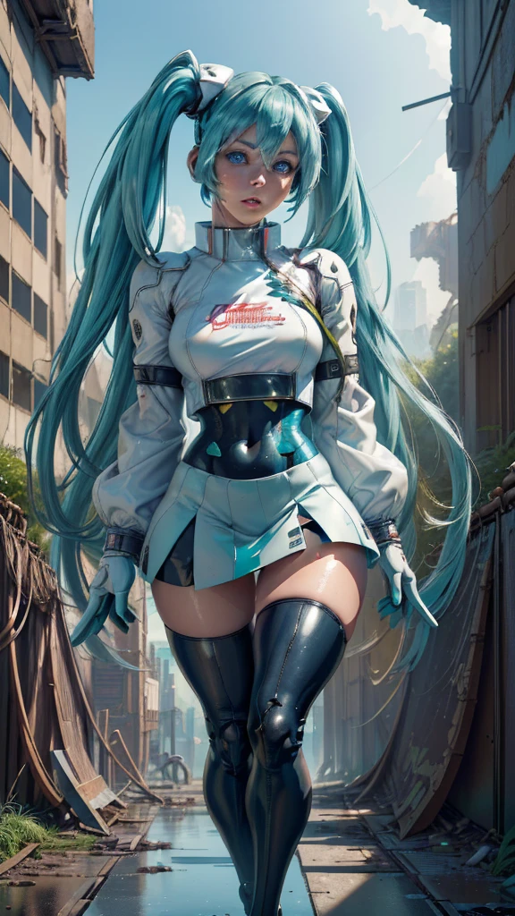 (The best quality,A high resolution,Ultra - detailed,actual), Miku Hatsune, ,(Ruined alley Tokyo cyberpunk dungeon ruins background :1.4 ), big breasts, dynamic pose , (green hair twin tails) ,(short white mini skirt:1.4), very long hair) , Put your arms behind your back, (Beautiful blue eyes:1.4) , relaxed face, eyebrow hair, shiny hair,,(Ruined dungeon ruins background:1.4 ), shiny skin, a slight smile, Racing Miku, black body, short jacket, White jacket, long sleeve, two tone gloves, thigh high boots,,(Ruined dungeon ruins background nublado lluvia :1.4 ),(masterpiece: 1.4), (8k, realist, raw photo, The best quality: 1.4),(Miku Hatsune:1.4), (Miku-hatsune V2.1), (Face details: 1.5, (beautiful blue eyes :1.4) , (beautiful face, thin lips: 1.5) , delgado, pale and sharp eyebrows, long, dark eyelashes, double eyelashes),perfect hands: 1.5, (Kinematics V2.1),( dynamic pose), (Perfect anatomy), (detailed face :1.4), (not mutations) 