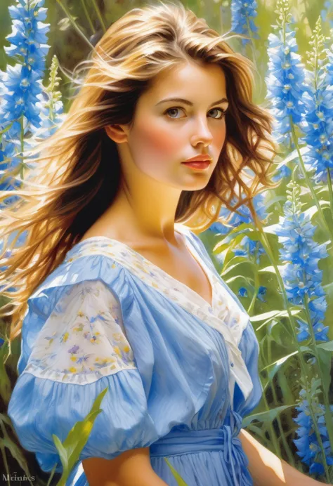 attractive young girl in the thicket of delphinium ((steve hanks style)), ((oil painting)), bright color, ((tmasterpiece)), impr...