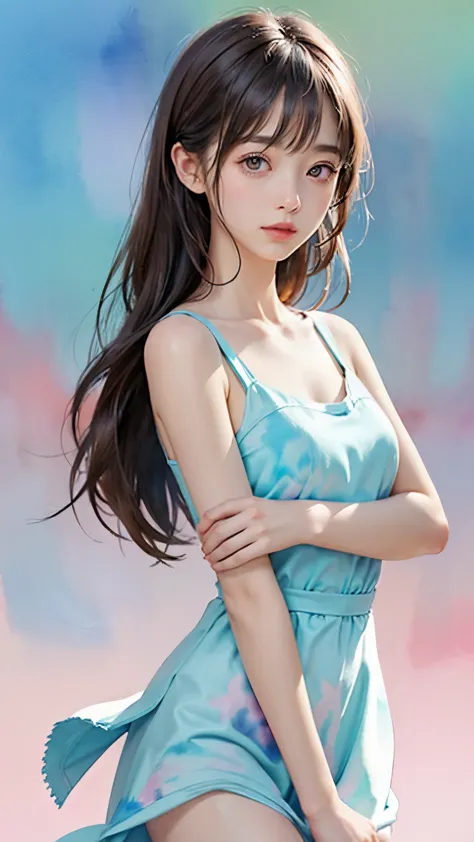 (((blurred background、watercolor style background)))、a girl、１６talent、anatomy、light pink eyes、#11: loose low ponytail、light pink ...