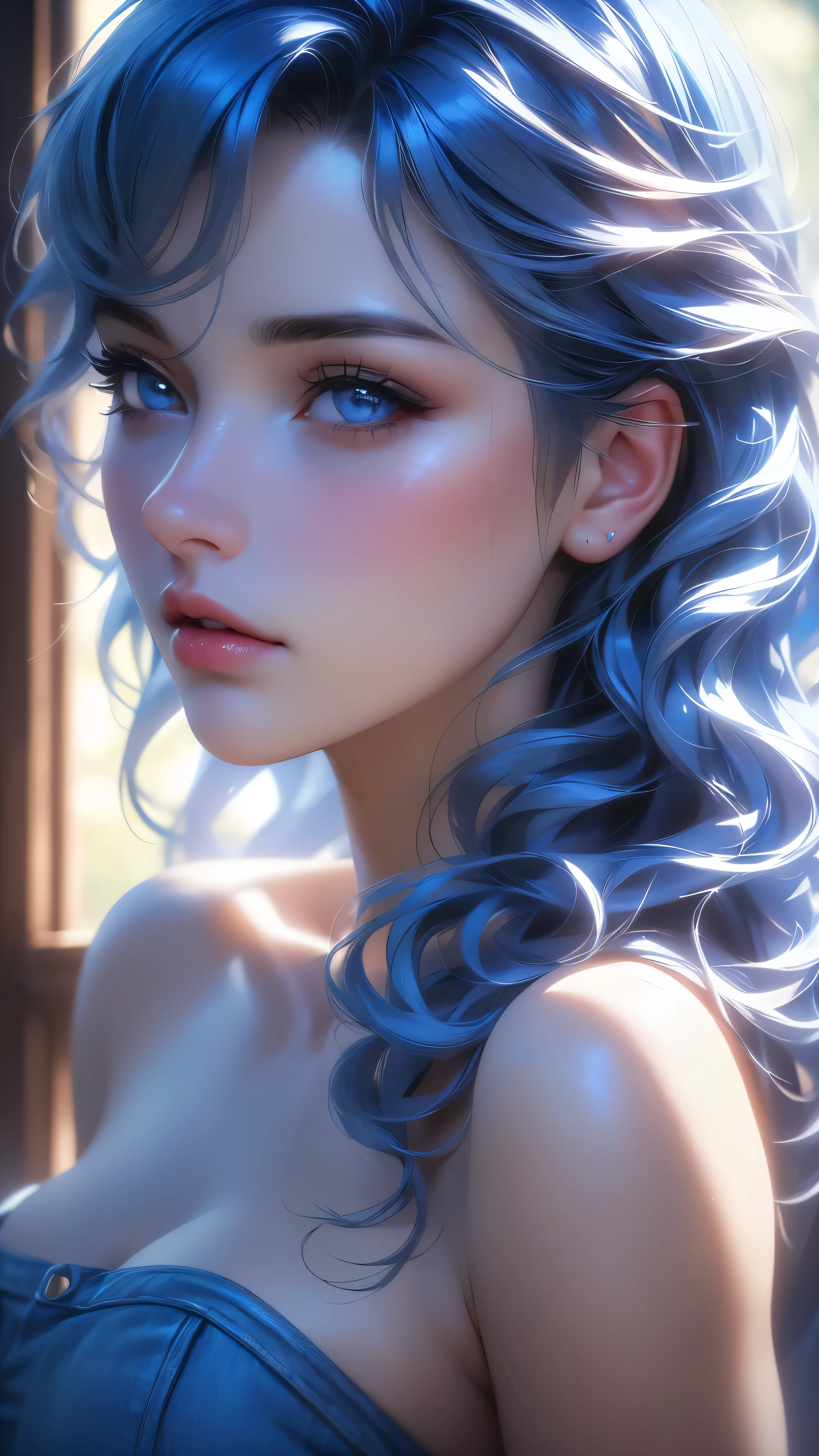 girl with soft blue hair posing, nipples covered, giant breasts, 1girl, solo, breasts, cleavage, denim, long hair, window, lips, realistic, jeans, blue eyes, black hair, medium breasts, nose, curly hair, wavy hair, (best quality,4k,8k,highres,masterpiece:1.2),ultra-detailed,(realistic,photorealistic,photo-realistic:1.37),highly detailed face, beautiful detailed eyes, beautiful detailed lips, extremely detailed eyes and face, long eyelashes, photorealistic, intricate details, natural lighting, warm color tones, cinematic lighting, volumetric lighting, chiaroscuro lighting, soft shadows