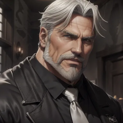 a muscular man, quiff hairstyle, gray hair, gray mustache, gray beard, venom symbiote, large white spider logo on symbiote, hand...