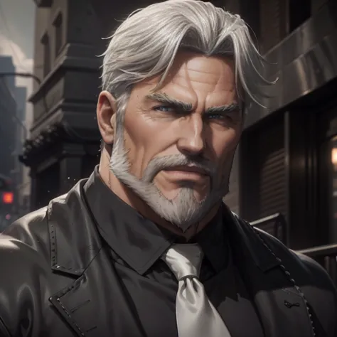 a muscular man, quiff hairstyle, gray hair, gray mustache, gray beard, venom symbiote, large white spider logo on symbiote, hand...