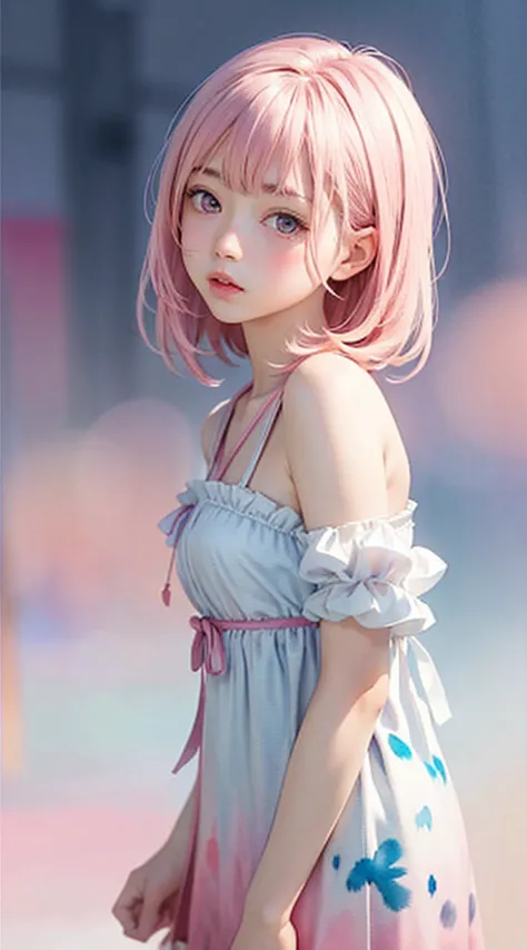 (((blurred background、watercolor style background)))、a girl、１６talent、anatomy、light pink eyes、#11: loose low ponytail、light pink ...