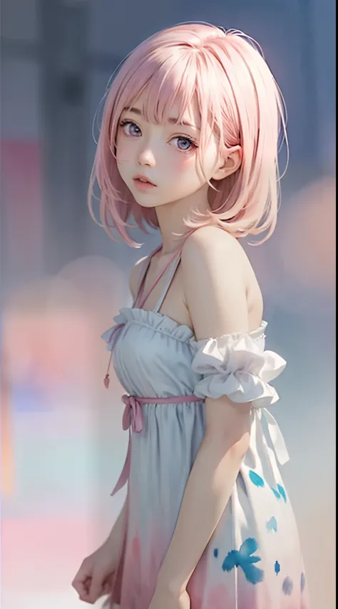 (((blurred background、watercolor style background)))、a girl、１６talent、anatomy、light pink eyes、#11: loose low ponytail、light pink ...