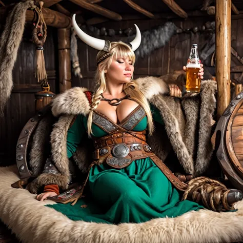 astrid with huge breasts in a viking costume with a plunging neckline lying on a viking bed asleep with beers lying on the floor...