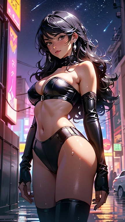 girl,(1girl),((beautiful girl)),

(large breasts:1.4),saggy breasts,((black hair,black messy hair,colored inner hair,long hair:1.5,absurdly long unkempt hair:1.35,long black hair,ear breathing,intricate cut hair)),(((brown_eyes:1.3))),intricate eyes,beautiful detailed eyes,symmetrical eyes,((fat)),(((lustrous skin:1.5,bright skin: 1.5,skin tanned,shiny skin,very shiny skin,shiny body,plastic glitter skin,exaggerated shiny skin,illuminated skin,wet legs))),(spider lower abdomen,narrow waist,wide hip,athletic body,inflated legs, thick thighs,detailed body,(detailed face)),

cute,slutty,seductive,erotic,(((nsfw))),

zettai ryouiki,revealing clothing,show skin,((((underboob,cleavage)))),(semi-naked,with little clothing),((tiny thong intricate)),((knee-high leather boots,visible thong straps,no bra,underpants strap)),((((crop tube top,cropped tube top,tube top,top intricate)))),(((wet clothes,intricate outfit,intricate clothes))),

(dynamic pose:1.0),solo focus,embarrassed,(centered,scale to fit dimensions,Rule of thirds),

cyberpunk city by the ocean at night, with bright neon signs and dark stormy clouds and puddles, scenery:1.25,nighttime, starry night, cosmos,Very dark night that makes the neon lights stand out, very bright neon lights,nighttime, starry night, cosmos,

(top-quality,8K,32K,​masterpiece),high resolution,ultra-detailed,(Photorealistic:1.4,realistic,photo-realistic:1.37),professional,photo from the front,glitter,intricate,highly detailed,volumetric lighting,digital painting,intense,sharp,focus,((soaking wet)),magnificent,high fantasy,portrait,perfect rendered face,perfect face details,grim,medium shot,realistic face,photo realistic,analog style,bf,best quality,((intricate detail)),highres,((drawn)),cinematic lighting,(((realism))),((synthwave background theme)),(((vibrant colors))),by Richard Corben, by Miles Aldridge,by John Atkinson Grimshaw,art by artgerm and rutkowski and alphonse mucha