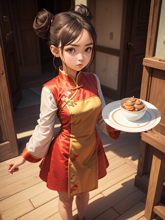 (work of art, highest quallity:1.2), Cartoon style character design, 1 girl, standing alone，eyes large，cute expression，Hair with two buns，chinese dress，Plates in both hands, There&#39;s a meat bun on top., Chinese restaurant