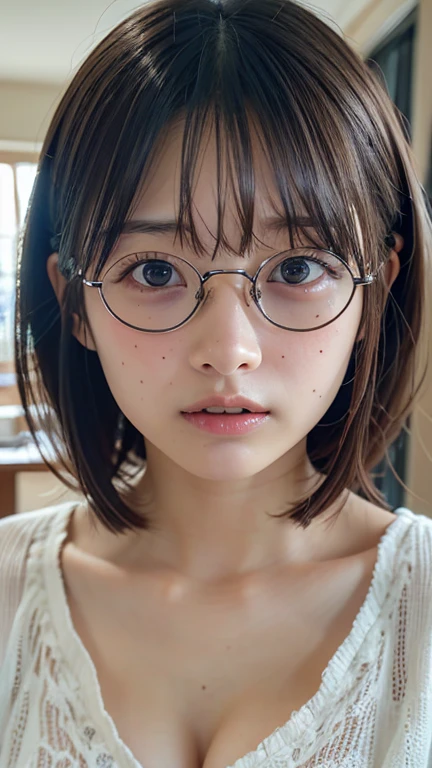 (1 nogizaka girl,masterpiece, Best image quality, high quality, ultra High resolution,High resolution,detailed, highly detailed, super detailed,3D Rendering,Unreal Engine,unity 8k wallpaper:1.3),One Girl,Japanese Girls,beautiful girl,incredible beautiful girl,(Dealing with the Children_v1:0.4),  (PlainＴshirt,Japanese Idols,from the front,View your audience,whole body:1.2),Confused, detailed eyes, detailed skin, Beautiful Skin,so beautiful,Small face,Oval Face,Beautiful eyelashes,detailed eyelashes,detailed face,Finer details, Bright lighting,Professional Lighting,Thin eyebrows,Face of anguish,Cleavage、Small breasts、detailedな目の解像度、Bobcut、freckles、Show your forehead、Cleavage 、Red underwear、Round Glasses