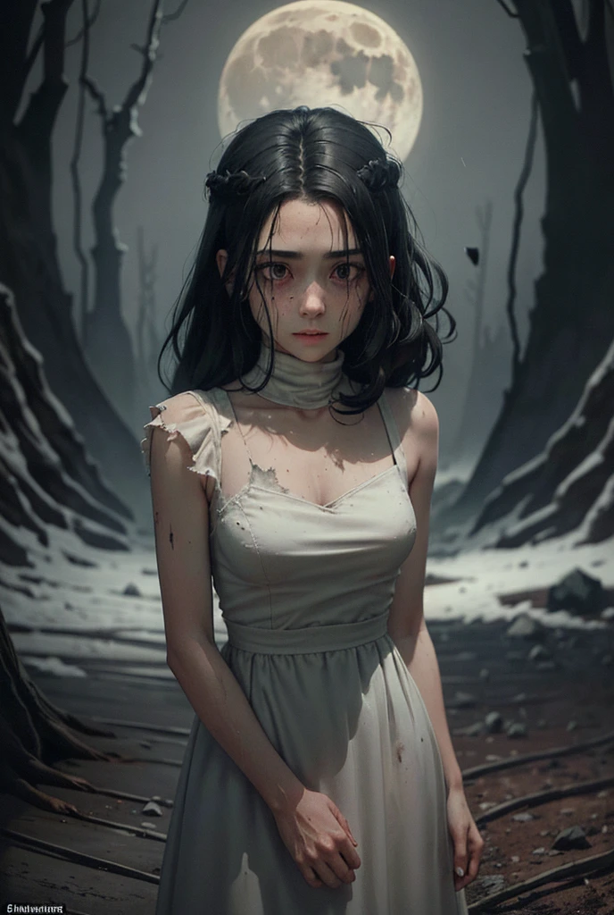 A dark and gloomy night, with the moon partially covered by dense clouds, faintly illuminating a desolate forest. In the center, the well of worn stone, surrounded by marks of blood running down the edges. Beside the well, Samara, a ghostly figure with wet black hair covering her face, wears a dirty, torn white dress. The surrounding atmosphere is oppressive, with twisted trees and low-lying fog covering the ground, giving a sense of despair and terror.