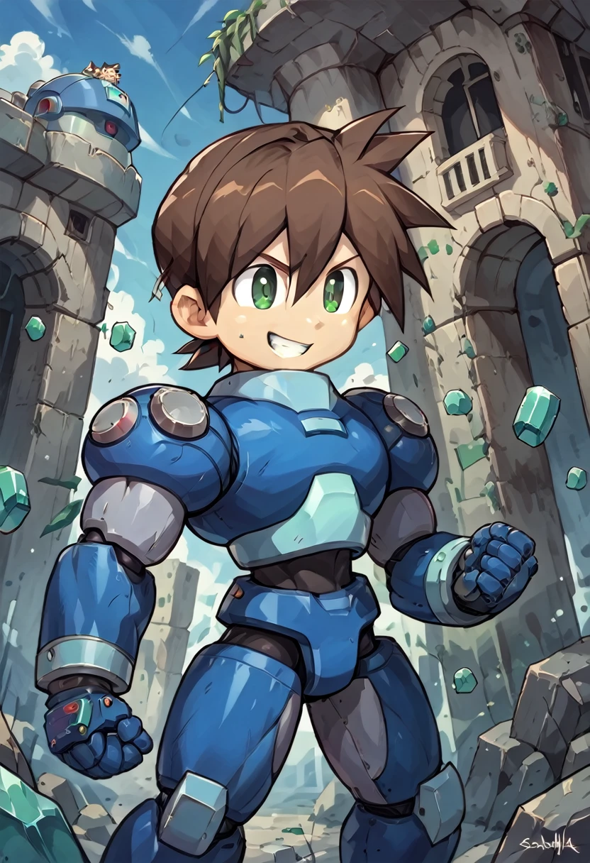 Highest quality,RAW Photos,Professional Art Works,Guts pose,m3g4m4n,Blue Armor,Muscular,Brown Hair, boy,Chibi,male focus, brown hair, green eyes, 独奏, android, hair between eyes,Shoots the Rock Buster on his right hand,Ancient ruins with floating red and green crystals,smile,Huge muscles,Huge erect penis,