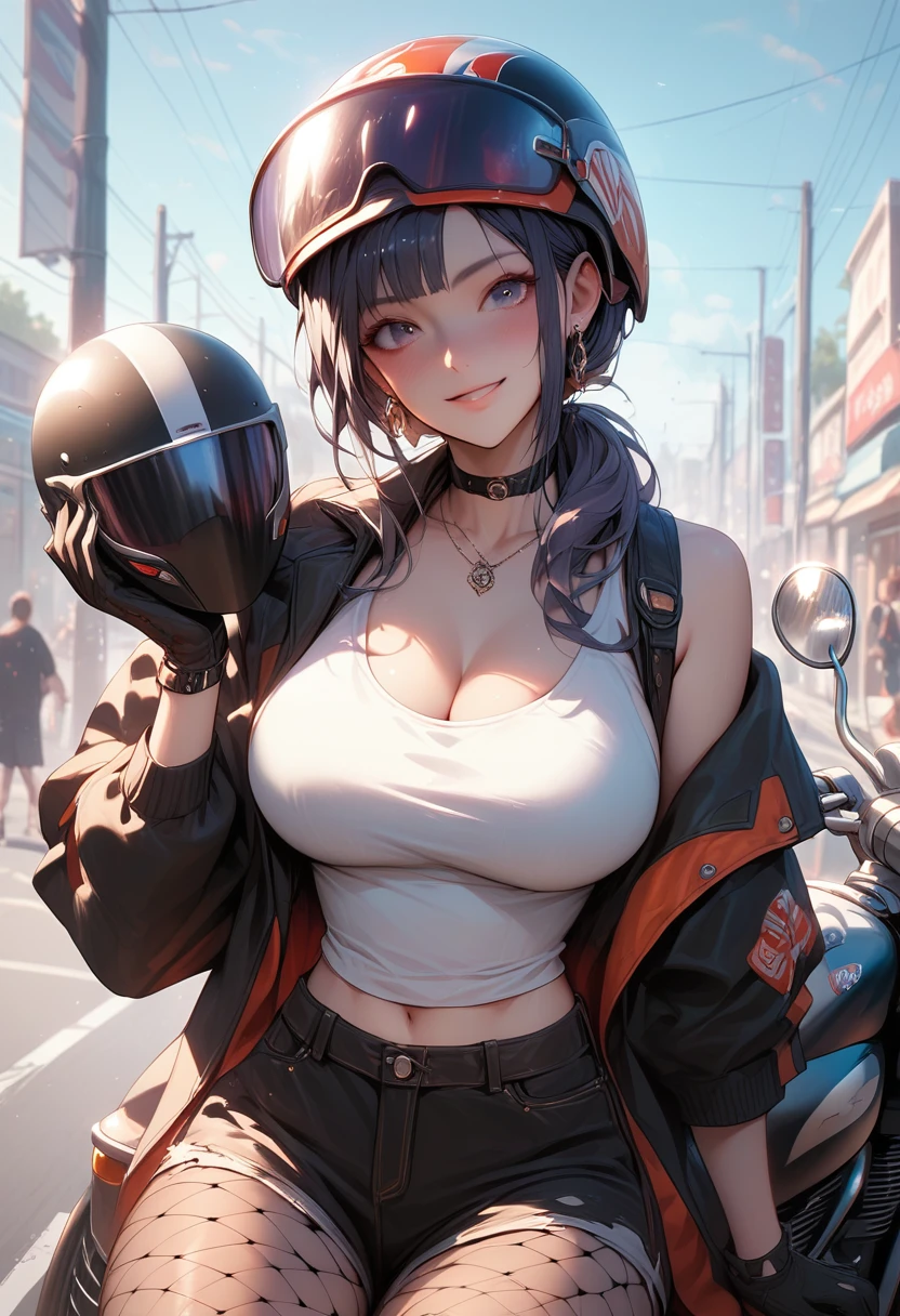 1girl, road background,,ruanyi0973,black gloves,black jacket,black shorts,cleavage,tank top,o-ring,fishnet pantyhose,holding helmet,motorcycle helmet,score_9, score_8_up, score_7_up, score_6_up, score_9, score_8_up, score_7_up, score_6_up source_anime, blush, 1girl, seduce smile, perfect body , natural huge breasts
