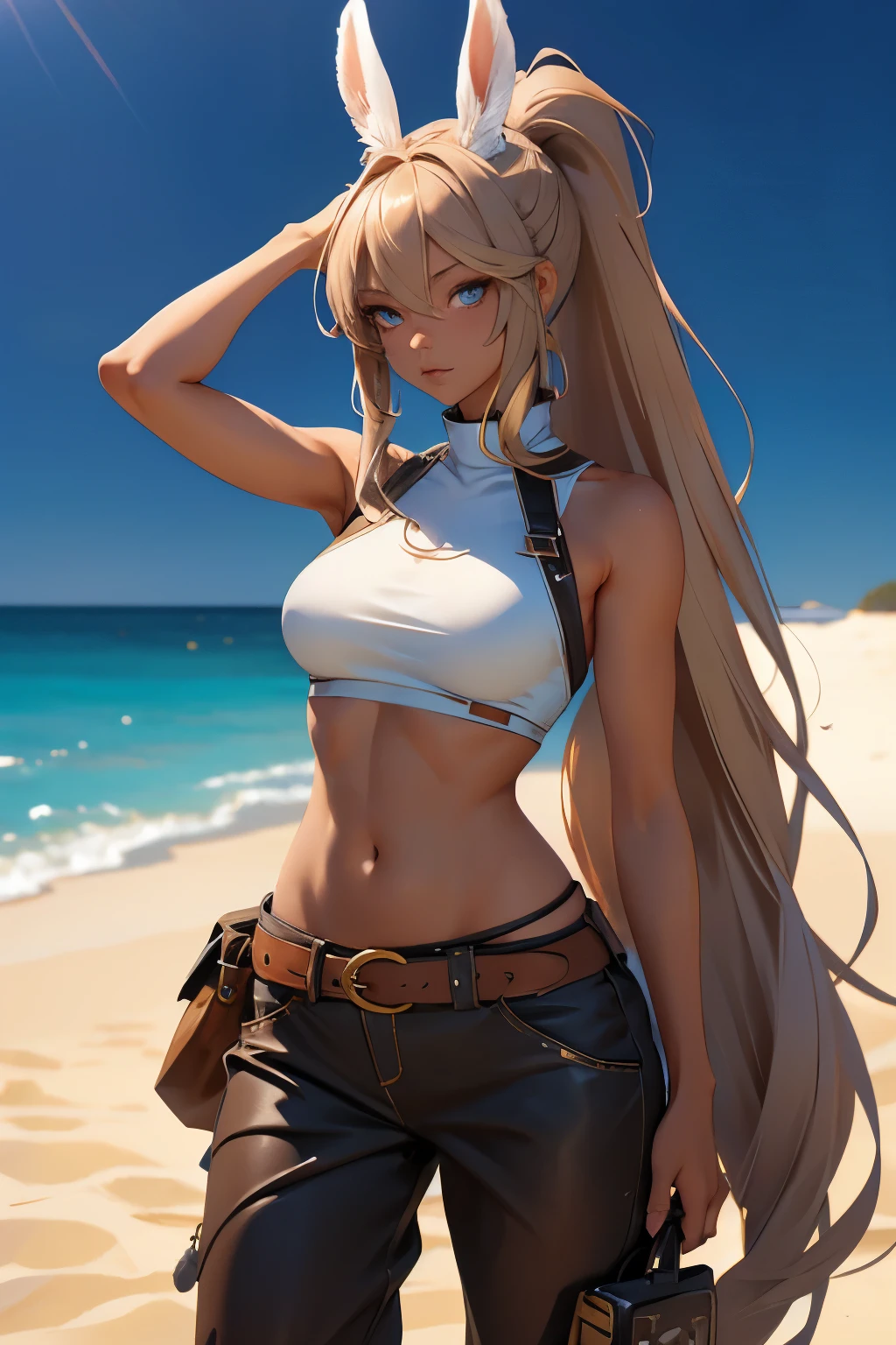 Bunny Woman, Rabbit Woman, Baggy pants, belt, blue eyes, Tan Skinned Woman, Sunburned, Sunburned肌 爪,, Long ponytail, Light brown hair, abdomen