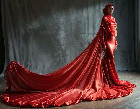 a woman shrouded in a 10-meter-long, plush red semi transparent satin shimmer cloth, slim body with big breast, tightly bound an...