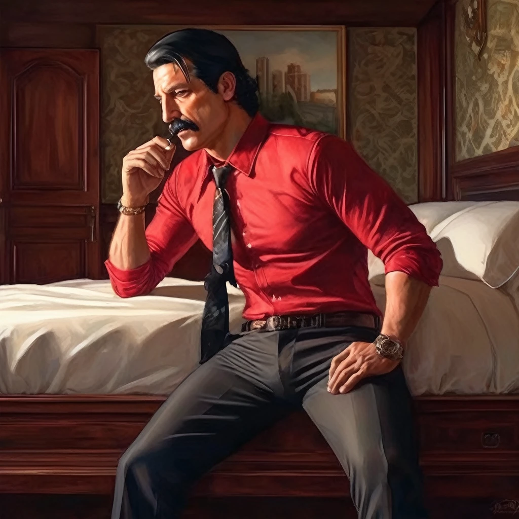 (obra maestra, Mejor calidad:1.2), 1 chico, thenahualli, serious, dangerous man, elegant, elegante, red shirt, black vest, mansion, bedroom, indoor, big windows, HaHawaii, sit, open legs, no pants, (((penis))), erection, (((realistic, detailed, photorealistic))), close up, closeup, de cerca